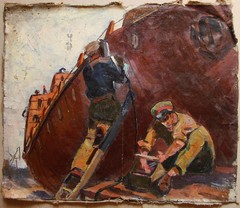 Ukrainian Soviet Oil Painting impressionism socrealism industrial boat workers