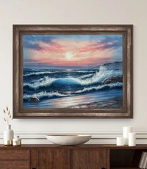 Signed Seascape Oil Canvas Painting Ocean Waves Sunset Coastal Wall Art 36×24