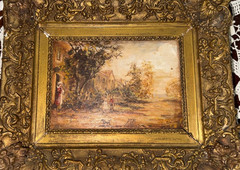 19th Century Italian Oil Painting outdoor scene dog and woman playing illegible