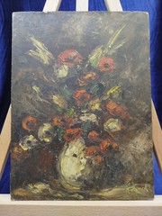 A painting, a still life, depicting flowers in a vase 24x18cm