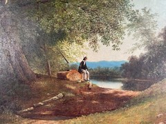 Antique Henry Moore Welsh Man Lake Landscape Oil Painting 19th Century English