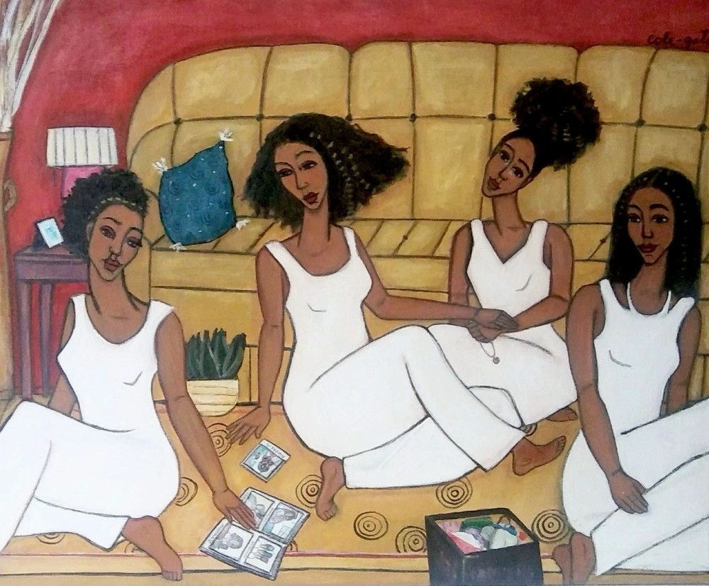 ORIGINAL 16×20 African American Folk Art Painting Four Sisters Canvas, 2020