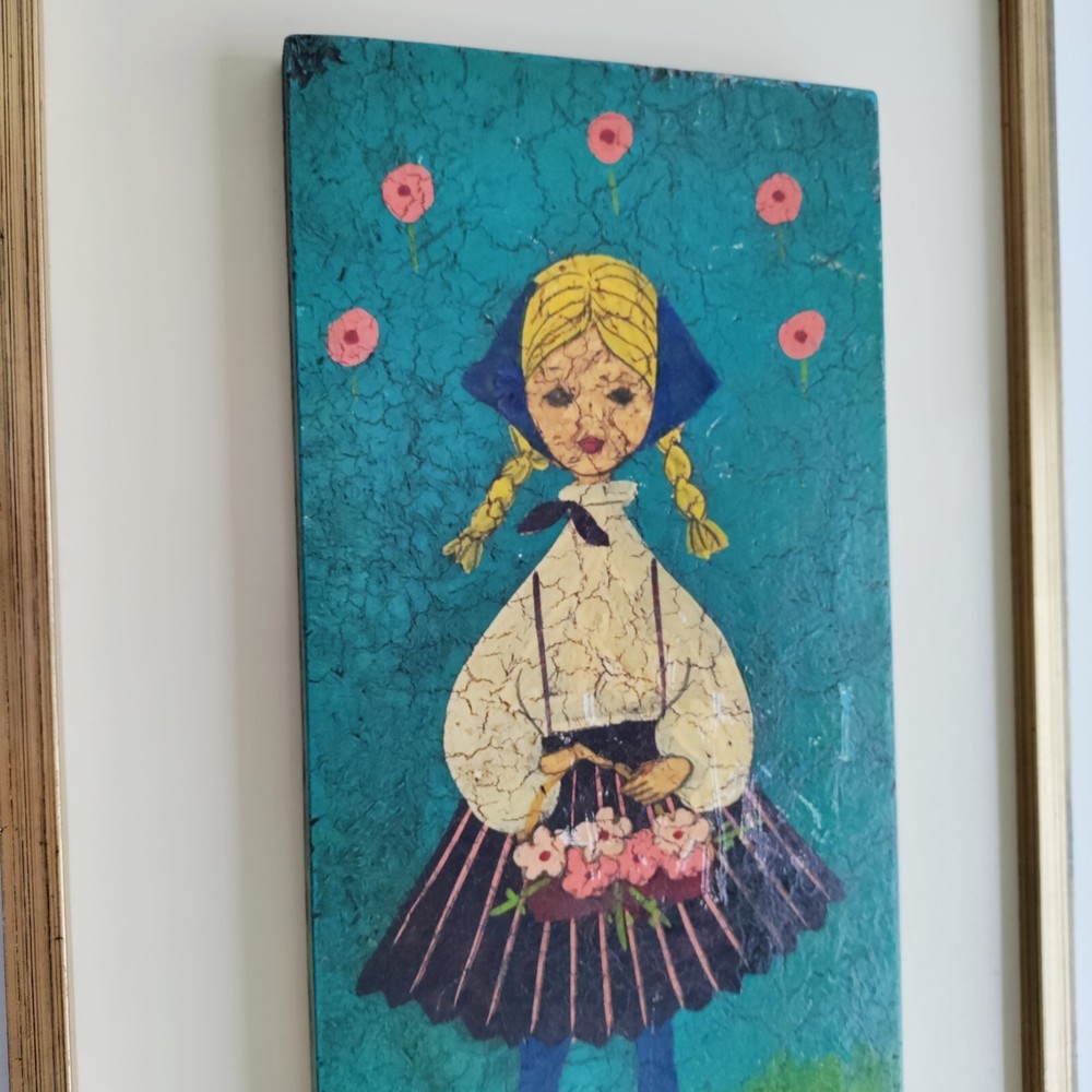 Vintage Original Finland Folk Art Painting Girl with a Floral Basket READ
