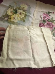 Yellow Pink Hand Painted Roses On Fabric Squares, Victorian Cottage Granny