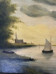 Antique Signed Oil Painting Sailboat Harbor Landscape Ornate Frame
