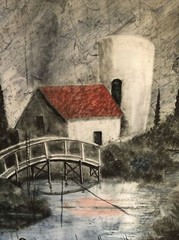 Vintage Oil Painting Alfred Zeller – Boys Fishing By Bridge