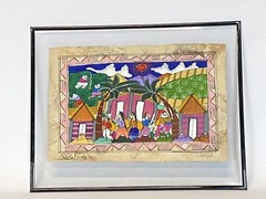 RODOLFO FLORES MEXICAN ARTIST AZTEC PAINTING BARK PAPER City Farm Village MC-5