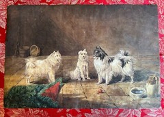 Antique 19th C. painting Pomeranians dog group artist signed P.H. Staines 1865