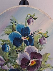 Lovely Vtg Pansy/Floral Oil Paintings Pair on Oval Shaped Wood; 2 Pc;Artist Sign