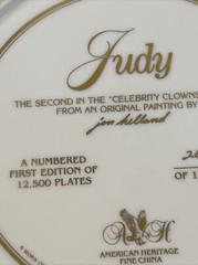 JUDY GARLAND CLOWN PLATE HAND SIGNED By JON HELLAND On The Back 262/12,500