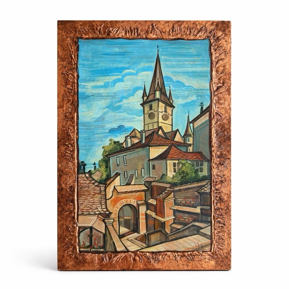 Signed Hand-Painted Sibiu Romania Wall Art on Wood – Cathedral 12” x 7.5”