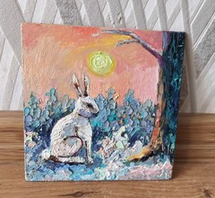 Original Oil Painting White Rabbit on Panel 6×6 Impasto Art Forest Sunset Scene