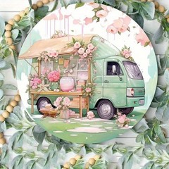 Vintage Floral Green Truck with Pink Roses Round 787Inch Aluminum Sign