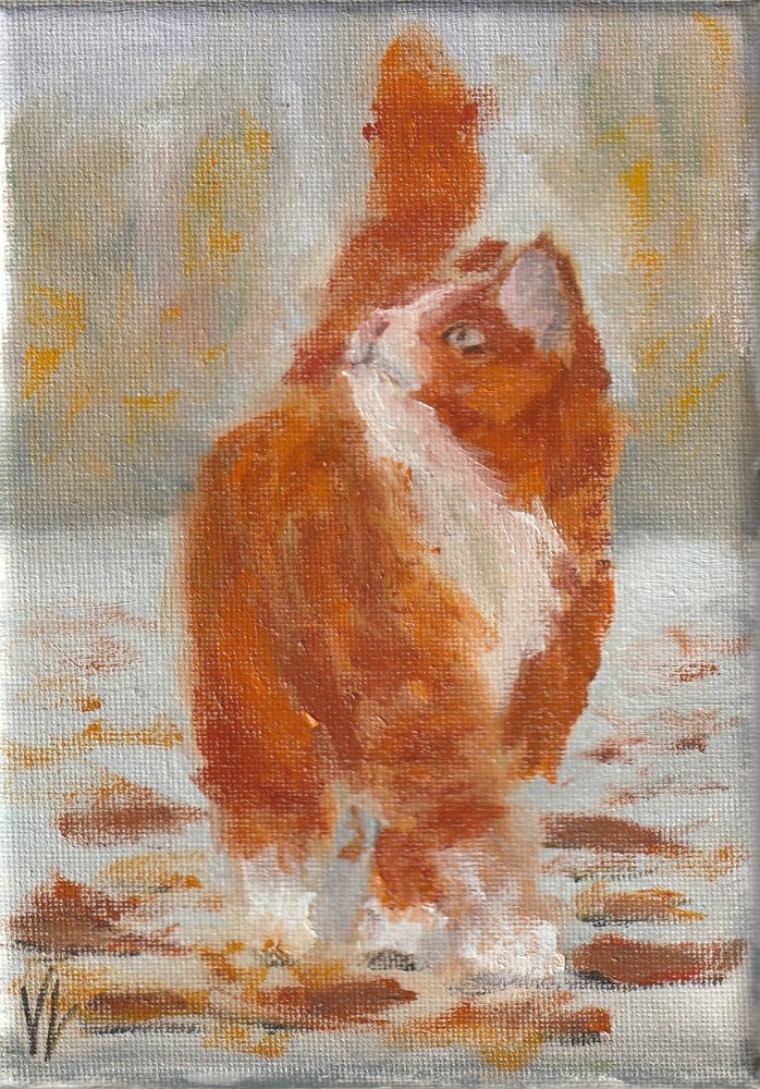 Original Hand Paint Oil Painting on the Canvas Panel „Ginger Cat“ 5×7″