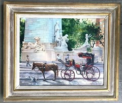 Impressionist NYC Columbus Circle Central Park Monument /Figures &Horse Carriage