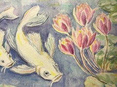 White Koi Carp Fish In a Pond Wall Art. Watercolor painting 11,5″ x 16,25″