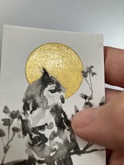 Original Owl In Sunset Painting realism Miniature Bird Art Sumi-e Ink Gold USA