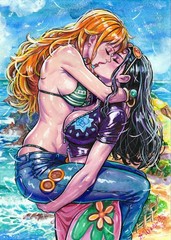 Original Anime Painting A4 Nami Nico Robin One Piece Female Women Fan Art Manga