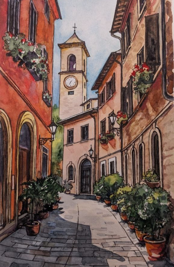 Сityscape Watercolor Original Painting European Architecture Old Town Artwork