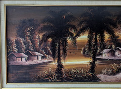 Vintage African Zaire Congo Village Sunset Landscape Acrylic Painting 38×18