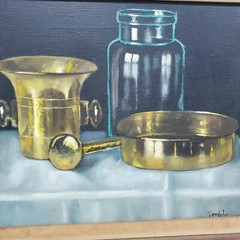 Vintage Andras Gombar Still Life Painting Canvas Framed Kitchenware – Signed