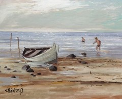 Knud Böstrup (1927-2011): KIDS ON THE BEACH, original oil painting