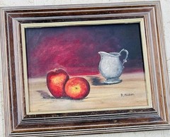Vtg Realist Fruit Still Life Painting Signed R. Kelton Wood Frame Apples 13″x16″