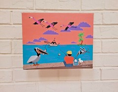 TROPICAL FISHING SCENE: Pelicans Flamingos Seagulls. Southern FOLK ART PAINTING