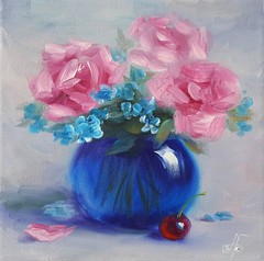 Pink Floral Bouquet Original Oil Painting Blue Vase Impressionist Still Life Art