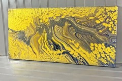 12″ x 24″ Original Acrylic Pour Painting – Contemporary Art – Navy Gold Grey