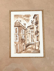 Pair Original Signed Watercolor Mediterranean Courtyard Matted Gold Tone Frame