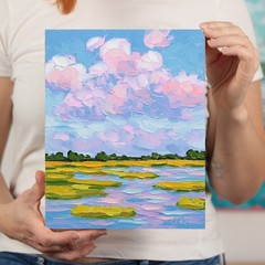 Marsh Landscape Oil Painting Original – Impressionist Low Country Pink Cloud Art