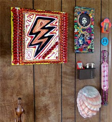 Red Lightning Zap! Mixed Media Acrylic Painting/Collage, Beads Books Gems Flash!