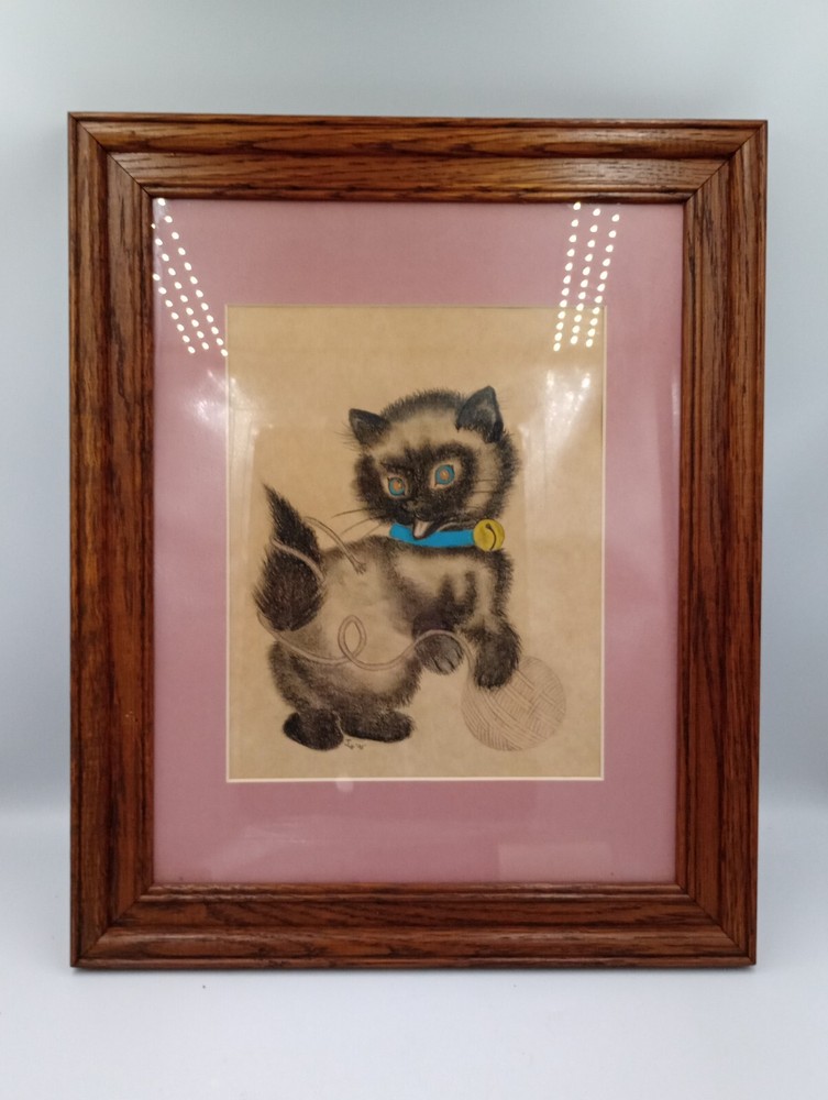 Beautiful Siamese Cat in Chalk Framed and Matted Wood Frame 16.5 x 13.5″ Cute!