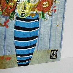 ACEO Original Painting Orange Flowers in Blue Vase Mothers Day Spring AMBER K
