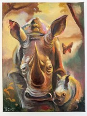 Rhinos Family,Original Painting oil,9×12 inch, Authors Signed Decor, HOME Gift