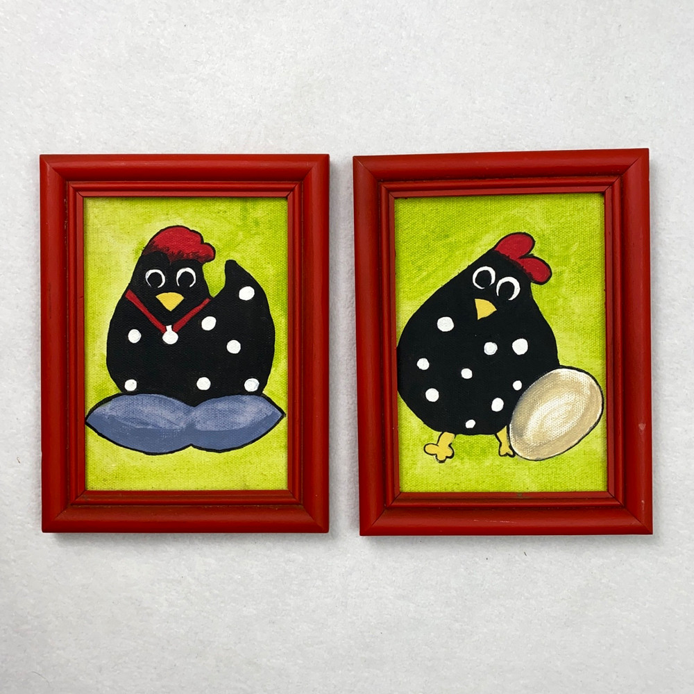 Lot of 2 Original Folk Art Chicken Paintings Framed Colorful Whimsical Farmhouse