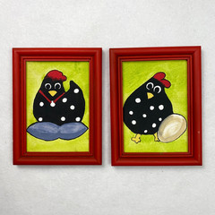 Lot of 2 Original Folk Art Chicken Paintings Framed Colorful Whimsical Farmhouse