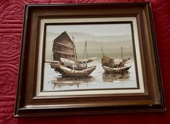 Vtg Framed Oil Harbor Painting Asian Junk Boats by P. Wong Nautical Seascape MCM