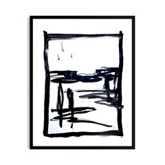 Original Minimalist 9×12 Acrylic Landscape Painting Black White Paper Signed Art