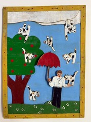Folk Art Sculpture Painting Raining Cats And Dogs Metal Mixed Media Rescue Dog