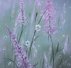 Large statement floral landscape painting pink blue flowers wall art