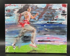 JACKIE STRIDE Joyner-Kersee Running Race Green Red Collage Painting 14 x 11″