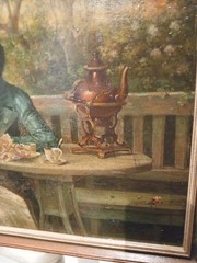 Antique Victorian oil painting On Wood Panel Couple In Garden Fine Detail