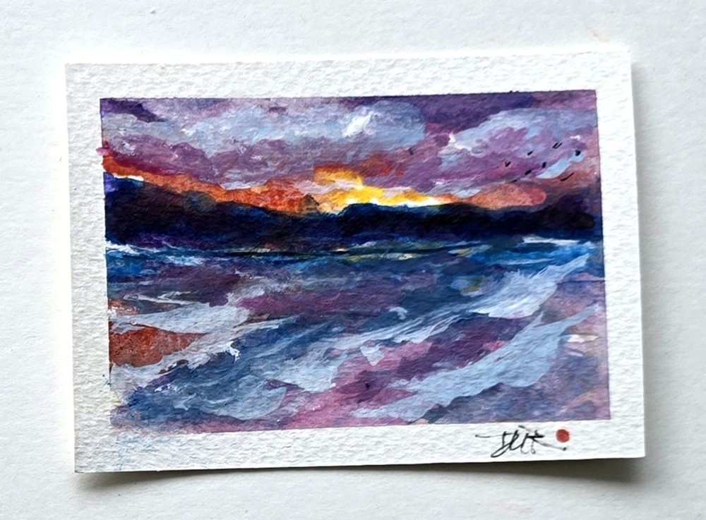 Original ACEO Miniature Seascape Sunset Sky Ocean Dulce Maria Rico“VIOLET HOUR“