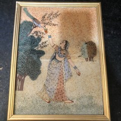 Four Vintage Unique Gemstone India Paintings Crushed Natural Gem Stones