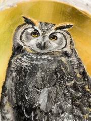 Owl Art, Mixed Media Owl Painting 16×23 in, Owl Lover Gift, Wildlife Art, Owl