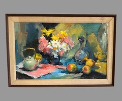 Vintage Oil Painting On Canvas Table Top Still Life With Flowers & Fruit