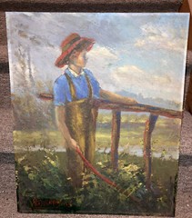 Nice Vintage 20thc Oil Painting Boy In Field Signed Mystery Artist Mid Century