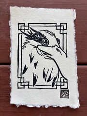 Original Boy And The Heron 2 Linocut Hand Printed by Dyer- Mini Art 4×6 in. Bird